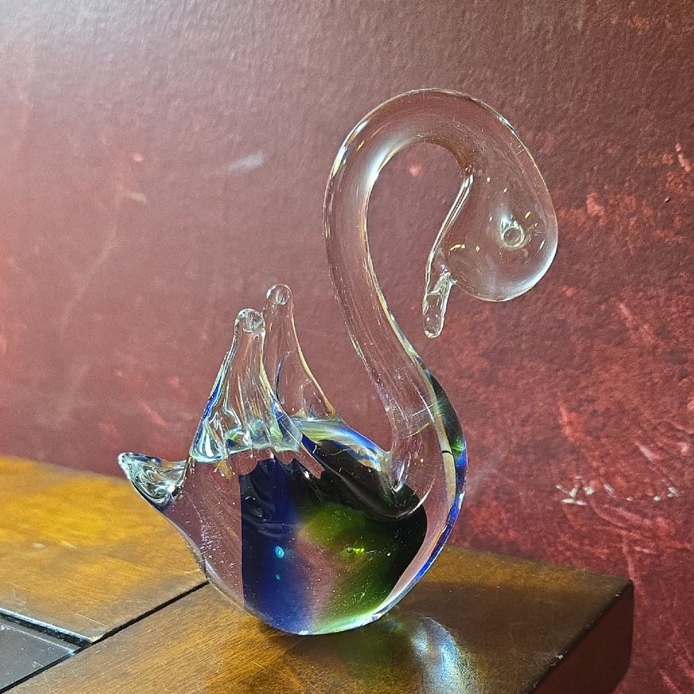 Murano Glass Swan Figurine Blue and Green Art Glass Italy w/o Stickered Tag